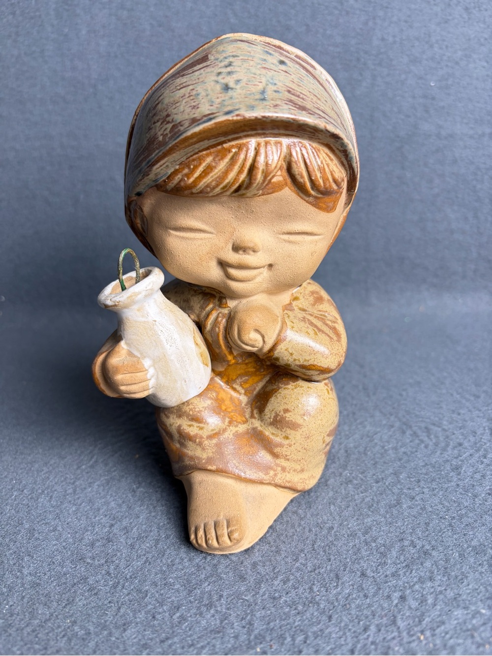 Vintage UCTCI Japan Terracotta Girl Figurine Holding Jug MCM Folk Art Pottery